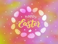 Happy  Easter lettering on blurred background. Religious holiday greeting card. Vector illustration Royalty Free Stock Photo