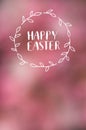 Happy Easter lettering calligraphy on lens defocused pink blossom background. Holiday postcard, poster, banner, greeting card Royalty Free Stock Photo