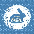 Happy Easter lettering. Cute Easter bunny silhouette with willow twigs background