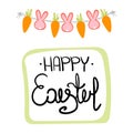 Happy Easter lettering with cute garland of bunnies and carrots.