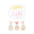 Happy Easter lettering with cute three bunny. Cute hand drawn vector stock illustration Royalty Free Stock Photo