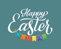 Happy Easter Lettering with Funny Gartland. Blue Background