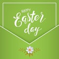 Happy Easter lettering on a green background. Beautiful backdrop with handwritten calligraphy and flower element Royalty Free Stock Photo