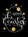 Happy Easter lettering greeting card with doodle easter eggs. Hand lettering, with golden glitter. Calligraphy lettering. Calligra