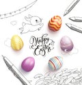 Happy Easter lettering handwritten with calligraphic font, surrounded by colorful eggs, cute baby bunny, dandelions Royalty Free Stock Photo