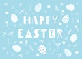 Happy easter lettering. Horizontal banner, poster with white hand drawn text and doodle eggs, flowers on a blue Royalty Free Stock Photo