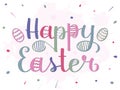 Happy Easter lettering, modern brush ink calligraphy. Painted colored letters with dots and lines, like decorated Easter eggs.