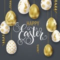 Happy Easter lettering, painted eggs. Spring holidays, Easter background. Vector illustration EPS10.