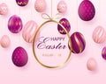 Happy Easter lettering with pink gold realistic looking eggs. Vector. Geometric patterns. Resurrection Sunday greeting card,