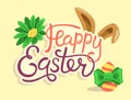 Happy Easter Lettering with Rabbit Egg and Flower Isolated