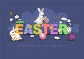 Happy Easter lettering text with cute bunny and colorful eggs. abstract vector illustration design