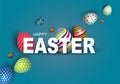 Happy Easter lettering text with cute colorful eggs. Isolated on blue background Royalty Free Stock Photo