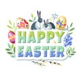 Happy Easter lettering words decorated with bunny flowers eggs and nature objects