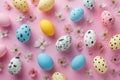 Happy easter light blue Eggs Candy hunt Basket. White astilbes Bunny easter hymns. Easter sunrise background wallpaper