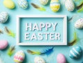A Happy Easter light box is viewed from the top and decorated with brightly colored eggs and feathers Royalty Free Stock Photo