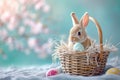 Happy easter light Eggs Daisies Basket. Easter Bunny unfilled space giggling. Hare on meadow with Ash easter background wallpaper
