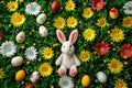 Happy easter lighthearted Eggs Eggcellent Bunny Basket. White newborn Bunny Orange Rind. Seasonal flower background wallpaper