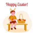 Happy easter. Little boy with a basket of Easter eggs are sitting on a bench. With rabbit ears. Egg hunt. Vector illustration in Royalty Free Stock Photo