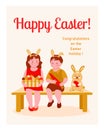 Happy easter. Little girl and boy with a basket of Easter eggs are sitting on a bench. With rabbit ears. Egg hunt. Vector Royalty Free Stock Photo