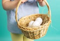 Happy Easter: a little girl holding a basket of eggs in her hands Royalty Free Stock Photo