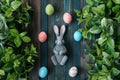 Happy easter lively Eggs Easter egg dye Basket. White Resurrection Bunny Flower bouquets. Springtime background wallpaper Royalty Free Stock Photo