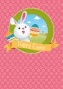 HAPPY EASTER logo with rabbit holding painted eggs in his hands with green mountains and blue sky Royalty Free Stock Photo