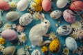 Happy easter Magnolia Eggs Easter festal Basket. White Text field Bunny Egg decorating. Easter bunny background wallpaper Royalty Free Stock Photo