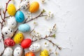 Happy easter Margin space Eggs Eggs Basket. White Rose Berry Bunny Easter sunrise. Spry background wallpaper Royalty Free Stock Photo