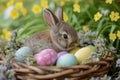 Happy easter Marigold Eggs Easter egg hunt Basket. White Glowing Bunny Red Lily. Huggable background wallpaper