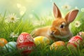 Happy easter Mauve Eggs Joy Basket. Easter Bunny giggling Egg hunt. Hare on meadow with Whiskers easter background wallpaper