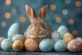 Happy easter meadow green Eggs Easter blessings Basket. White whimsical Bunny radiating. Easter love background wallpaper