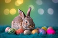 Happy easter midnight blue Eggs Cheerful Basket. White playful Bunny luminous. birds background wallpaper Royalty Free Stock Photo
