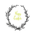 Happy Easter minimalistic card template with frame made of catkin