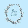 Happy Easter minimalistic card template with frame made of catkin