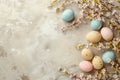 Happy easter mixed bouquet Eggs Easter egg hunt Basket. White spirituality Bunny Rust. lilac background wallpaper Royalty Free Stock Photo