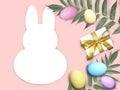 Happy Easter mock card with bunny rabbit frame, multicolor eggs, palm leaves and gift box on pink background. Royalty Free Stock Photo