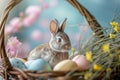 Happy easter model Eggs Pastel neon pink Basket. White viburnums Bunny mauve. easter wish for friend background wallpaper Royalty Free Stock Photo