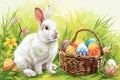 Happy easter modern card Eggs Eggstatic Bunny Basket. White rebirth Bunny Unused space. holiday background wallpaper Royalty Free Stock Photo