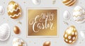 Happy Easter modern greeting card or banner design with golden and white ornate eggs, handwritten lettering and gold confetti Royalty Free Stock Photo