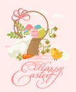Happy Easter modern greeting card in pastel colors with colorful eggs, spring flowers, chicken and holidays bunny. Royalty Free Stock Photo
