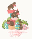 Happy Easter modern greeting card in pastel colors with colorful eggs, spring flowers and chocolate bunny. Royalty Free Stock Photo