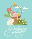 Happy Easter modern greeting card in pastel colors with colorful eggs, spring flowers and holidays bunny. Royalty Free Stock Photo