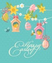 Happy Easter modern greeting card in pastel colors with colorful eggs, spring flowers and holidays objects. Royalty Free Stock Photo