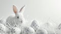 Happy Easter! Monochromatic white banner with easter bunny rabbir on white background, surrounded by white eggs