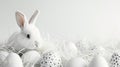 Happy Easter! Monochromatic white banner with easter bunny rabbir on white background, surrounded by white eggs