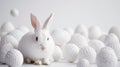 Happy Easter! Monochromatic white banner with easter bunny rabbir on white background, surrounded by white eggs