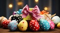 Happy easter. Multi-colored Easter eggs on the table to decorate the holiday. Traditions of Christianity. Symbol of the
