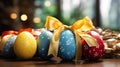 Happy easter. Multi-colored Easter eggs on the table to decorate the holiday. Traditions of Christianity. Symbol of the