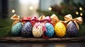 Happy easter. Multi-colored Easter eggs on the table to decorate the holiday. Traditions of Christianity. Symbol of the