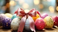 Happy easter. Multi-colored Easter eggs on the table to decorate the holiday. Traditions of Christianity. Symbol of the